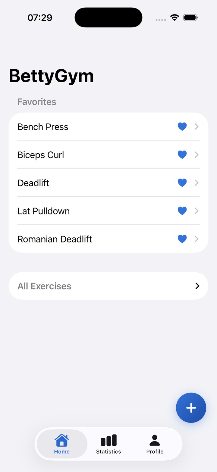 BettyGym home screen with favorite lifts
